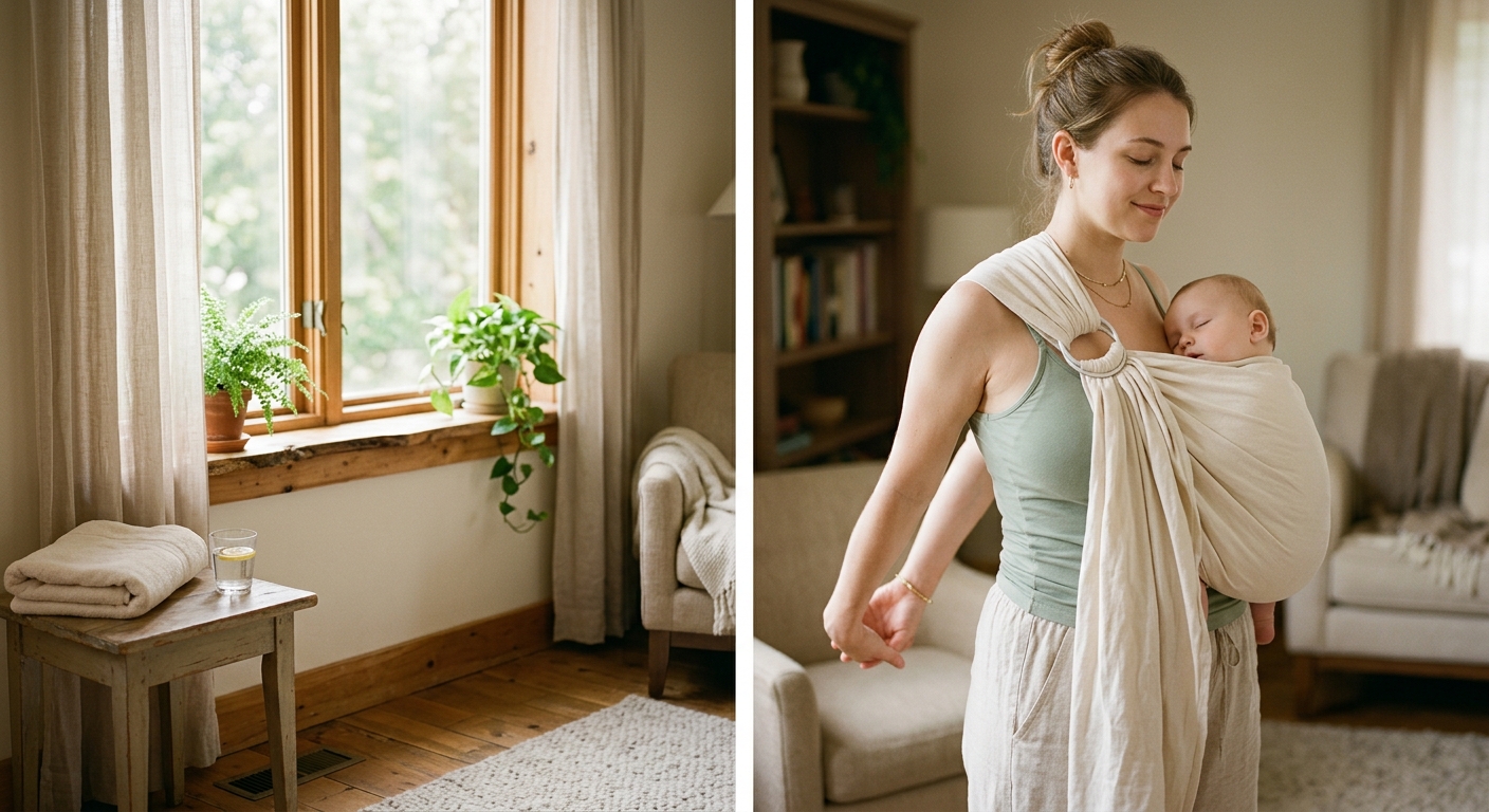 A gentle, softly lit editorial photograph of a young mother in a cozy home setting, standing by a sunlit window with her baby sleeping in a sling nearby. She wears a comfortable, soft-colored nursing camisole, gently stretching her arms behind her back to open her chest in a simple posture exercise, eyes closed with a calm, serene expression. The room features warm neutral tones, soft natural morning light, a folded soft towel and a small water glass on a nearby table, conveying self-care, recovery, and gentle wellness rather than exercise intensity. The atmosphere is tender, warm, and nurturing, shot in a realistic lifestyle photography style with a shallow depth of field, soft pastel color palette, and a calm, wholesome, feminine mood.