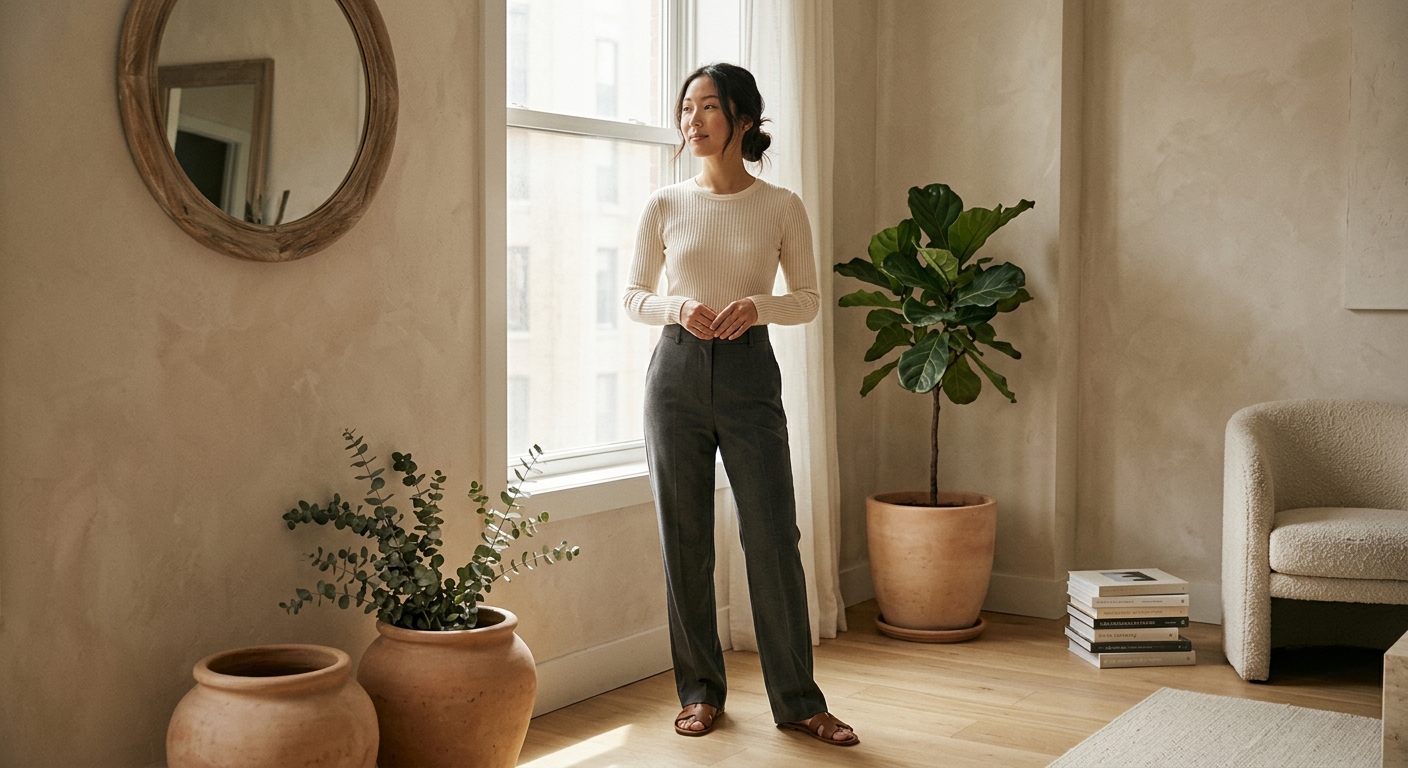 A soft, editorial-style photograph of a serene young Asian woman with a slender, graceful silhouette, standing confidently in natural window light. She wears a simple, well-fitted ivory top and high-waisted tailored trousers that create an elegant, balanced vertical line. Her posture is upright and relaxed, shoulders gently back, embodying healthy confidence rather than exaggerated curves. The setting is a minimalist, softly lit room with neutral beige tones, a large mirror, and a few delicate plants, evoking calm self-care and body positivity. Soft diffused lighting, gentle shadows, and a warm, airy color palette create a clean, aspirational wellness magazine aesthetic. No visible text, logos, or captions—purely a visual celebration of natural posture, balance, and mindful beauty.